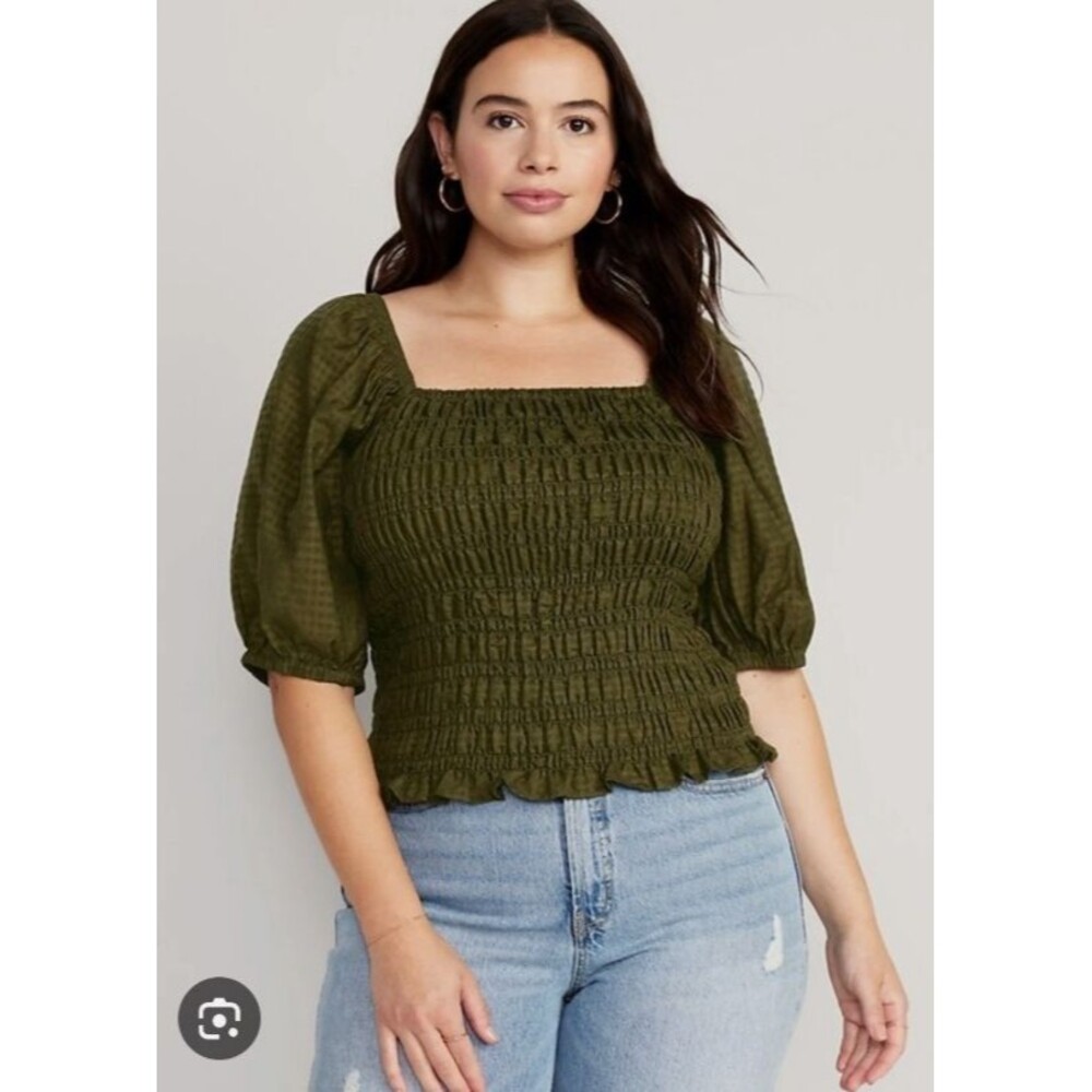 Old Navy Puff Sleeve Fitted Smocked Top Blouse Army Green XL Women's Boho